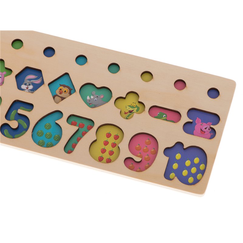 Pomôcka edukačná počítadlo drevené s číslami, krúžkami a tvarmi MONTESSORI